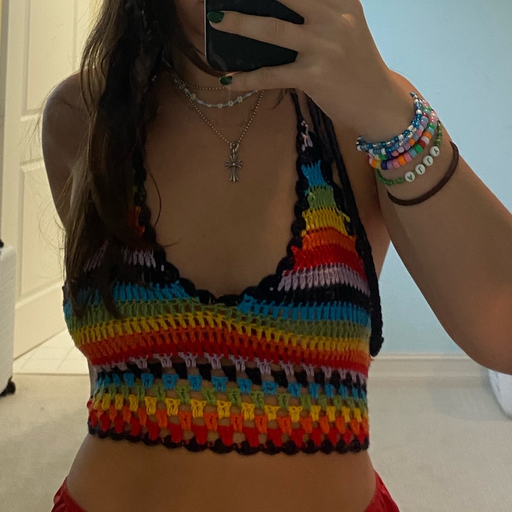 Rainbow Crotchet Backless Halter Top